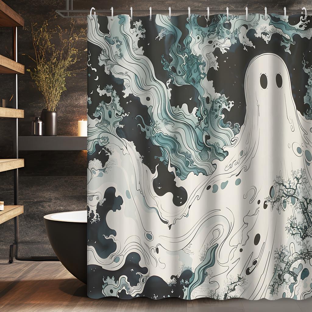 Halloween Black & White Abstract Ghost Shower Curtain - Cartoon Design, Washable Polyester,    Spooky Bathroom Decor