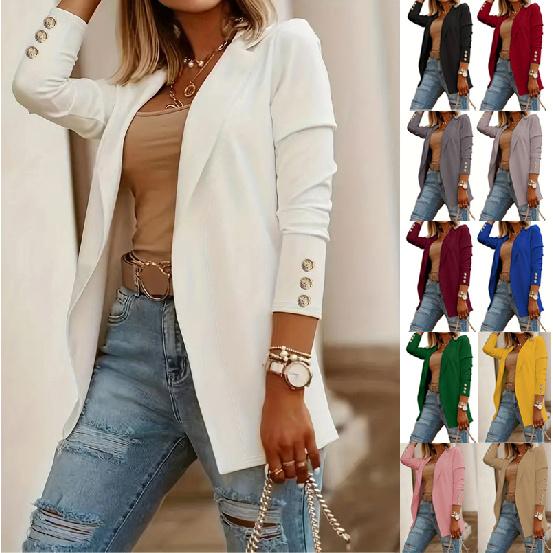 Women Open Front Blazer Long Sleeve Button Cuff Casual Office Lightweight Outerwear