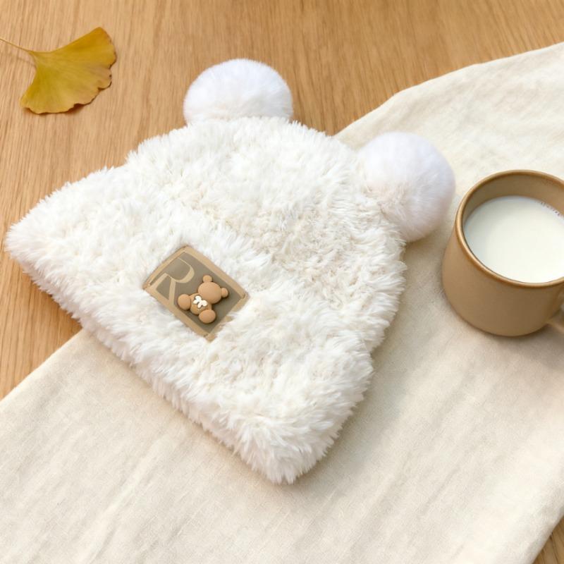 Plush Letter Little Bear Ears Autumn and Winter Knitted Cute Mao Line Hat Women Thickened for Keep Warmth Coldproof No Eaves Pullover Hat