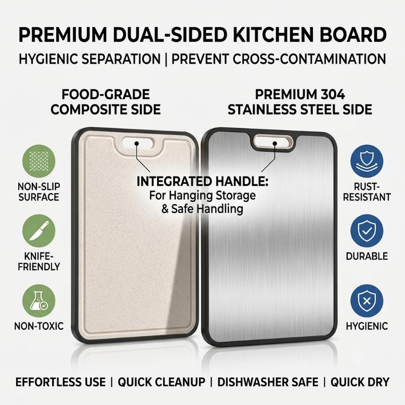 Food Grade Double Sided Cutting Board Antibacterial Stainless Steel Wheat Straw Portable for Picnic Outdoor Camping Cooking