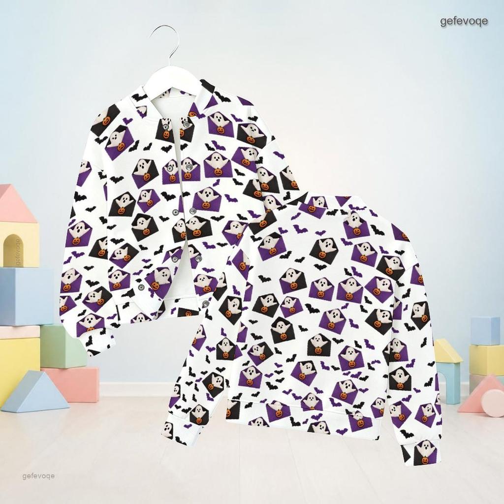 Girls Stand Collar Long Sleeve Jacket Halloween Ghost Bat Print White Casual Top