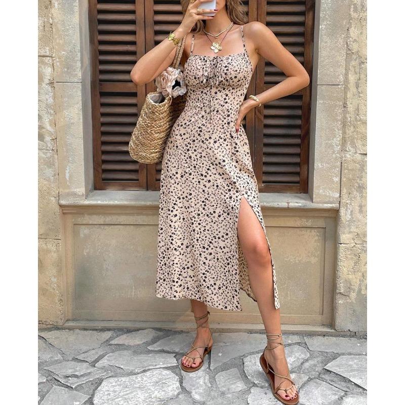 Women Floral Spaghetti Straps Waist Tie Split Dresses