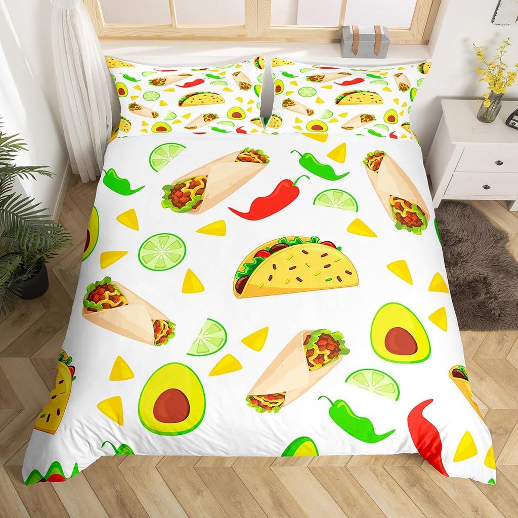 Funny Food Duvet Cover Mexican Taco Bedding Set Twin,Avocado Pepper Realistic Food Design Quilt Cover Easter Gift Party Decor