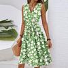Women's Spring And Summer Casual V-Neck Sleeveless Waist Floral Print Midi Dress