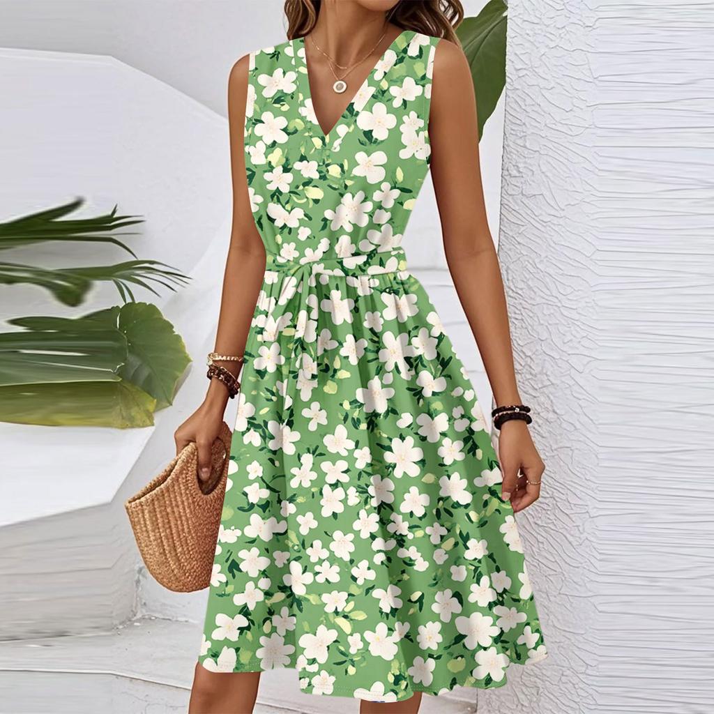 Women's Spring And Summer Casual V-Neck Sleeveless Waist Floral Print Midi Dress