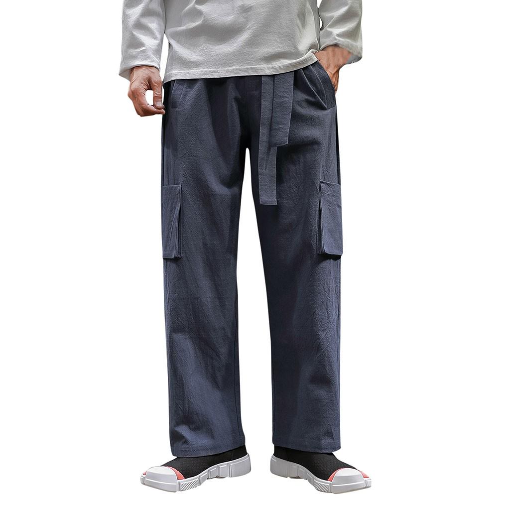 

(SU)Мужские льняные широкие брюки большого размера в стиле ретро с несколькими карманами, брюки