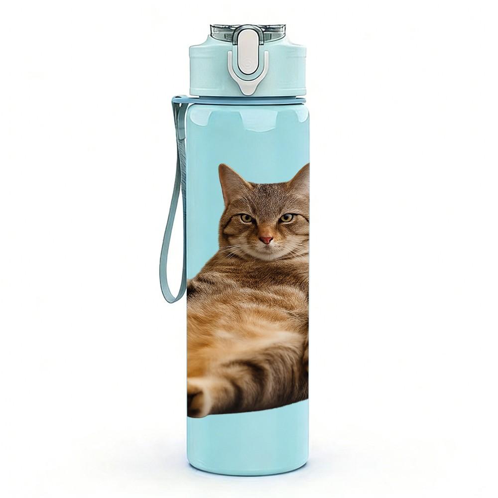 1PC Cat Holding Smartphone 750ml Color Plastic Sports Water Bottle Leakproof Flip Straw Lid Suitable for Sports Office Home Use