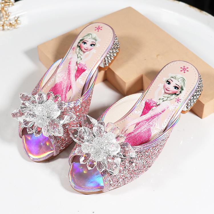 

Тапочки со стразами для девочек, модные детские босоножки на высоком каблуке со стразами, милая обувь принцессы Эльзы для детей среднего и старшего возраста 25 розовый