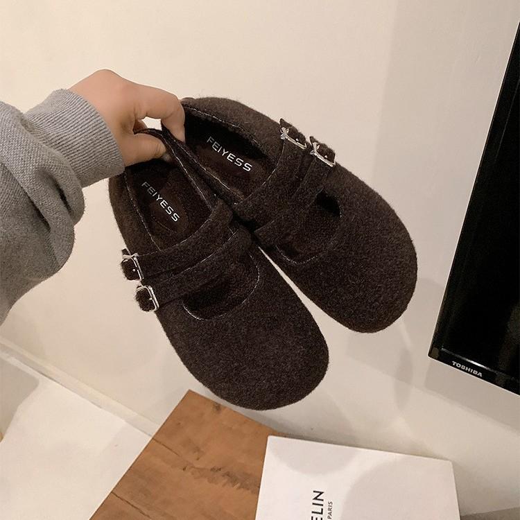 Wełniana wersja retro dwurzędowe wełniane płaskie buty Mary Jane damskie pojedyncze buty zimowe pluszowe ciepłe bawełniane buty puszyste buty