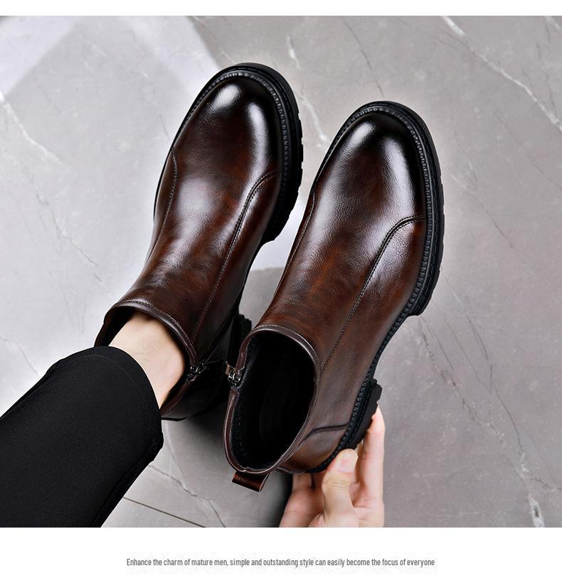 Pánské retro kožené Chelsea boty v římském stylu s bočním zipem - Zimní plus sametové teplé společenské módní.