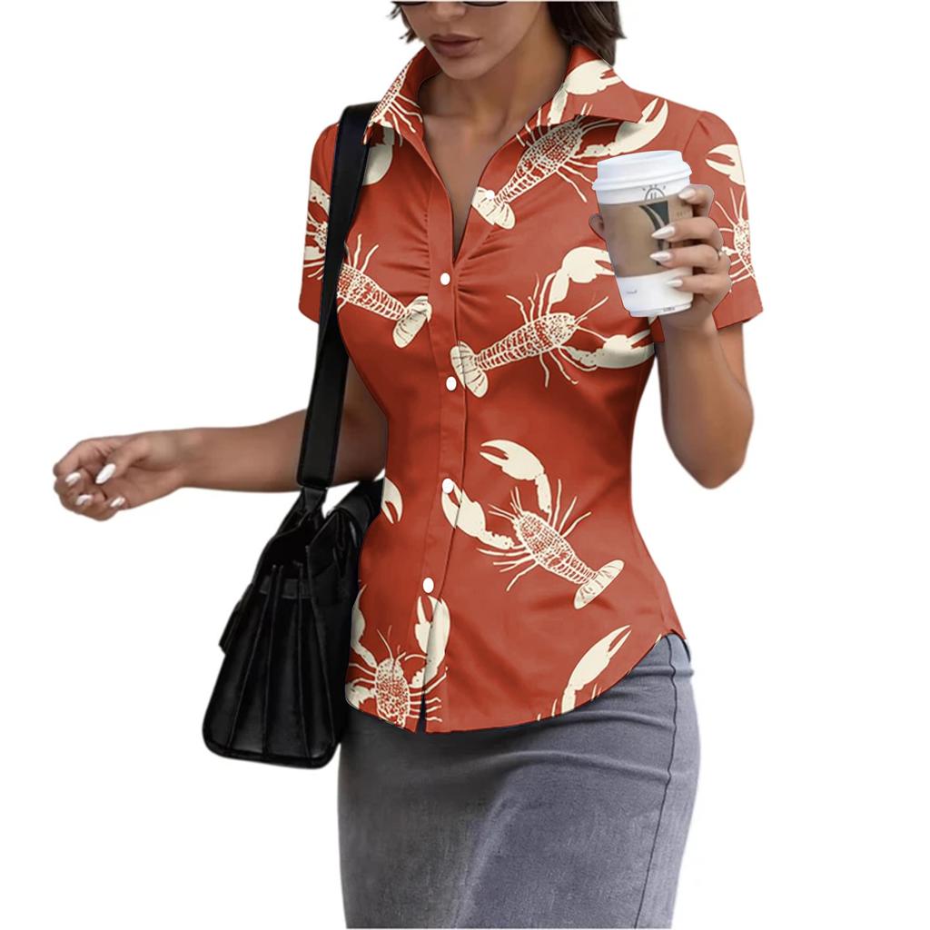 Damen Slim Fit Poloshirt Kurzarm Hummerprint Lässig Knopfleiste Kragen Oberteil Sommer Leichte Bluse