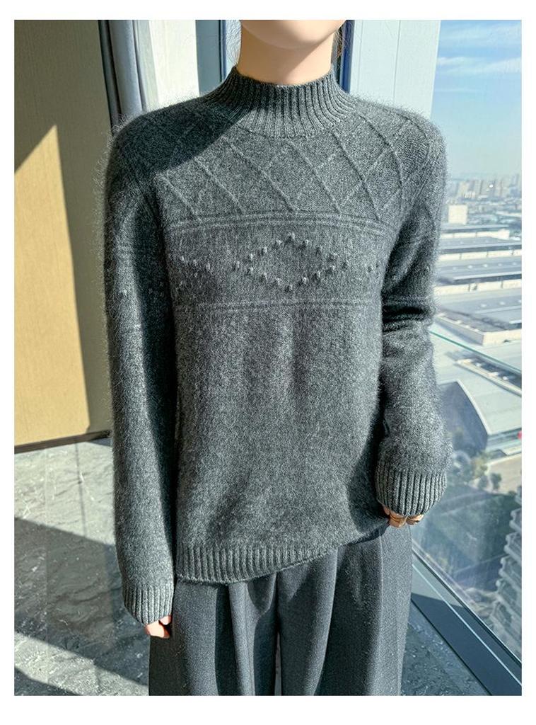 2024 Autumn/Winter Women's Wool Sweater: Thickened, Half-High Collar, Cable Knit, Loose Fit