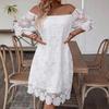 White Lace Embroidered Casual Summer Dress for Women One Piece Flat Shoulder Hollow Design