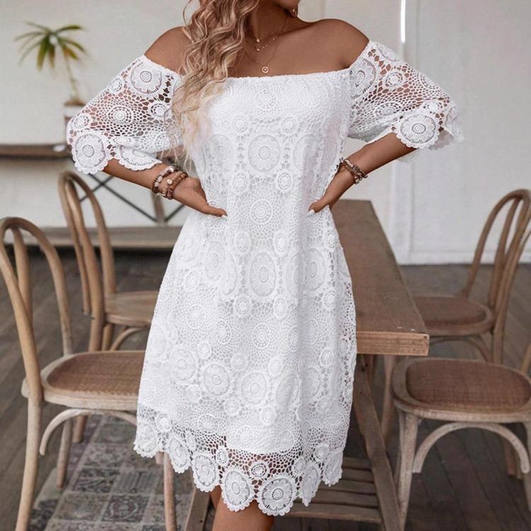 White Lace Embroidered Casual Summer Dress for Women One Piece Flat Shoulder Hollow Design