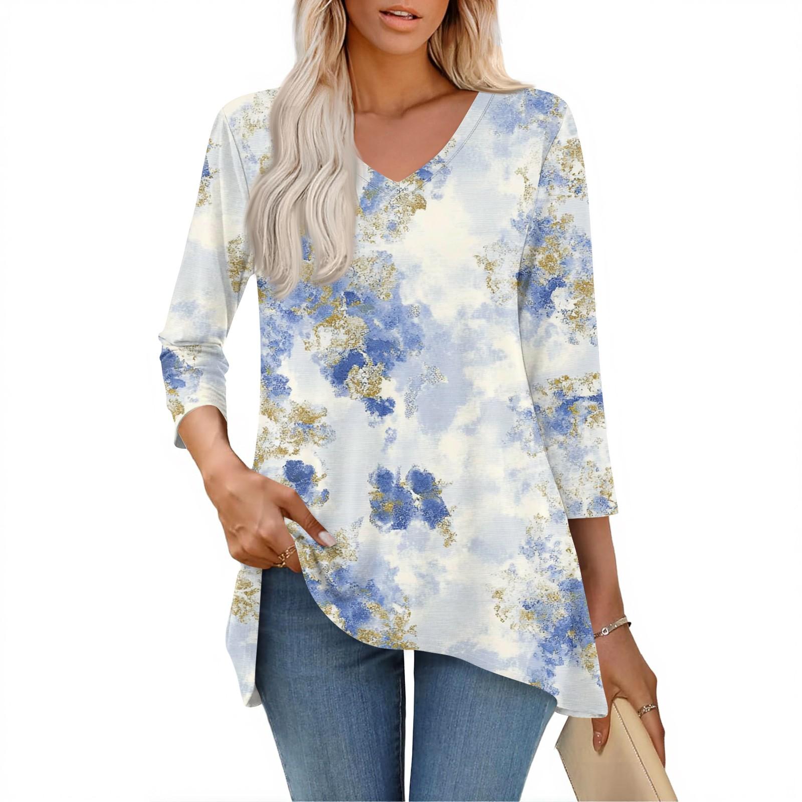 

Женские топы с V-образным вырезом и рукавом 3/4, повседневные блузки средней длины, модные туники с принтом XL фиолетовый