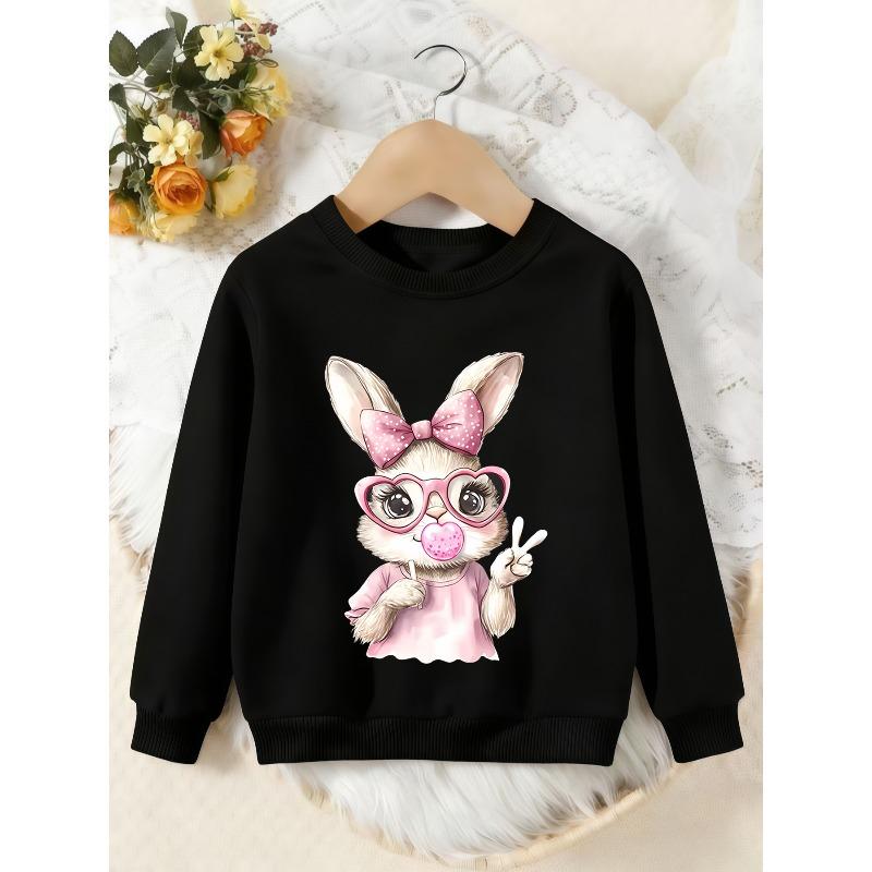 Unisex Kids Crewneck Sweatshirt, Cute Pink Bow Bunny Heart Glasses Peace Sign Print Pullover, Boys Girls Easter Sweatshirt For Kids Over 4 Years Old