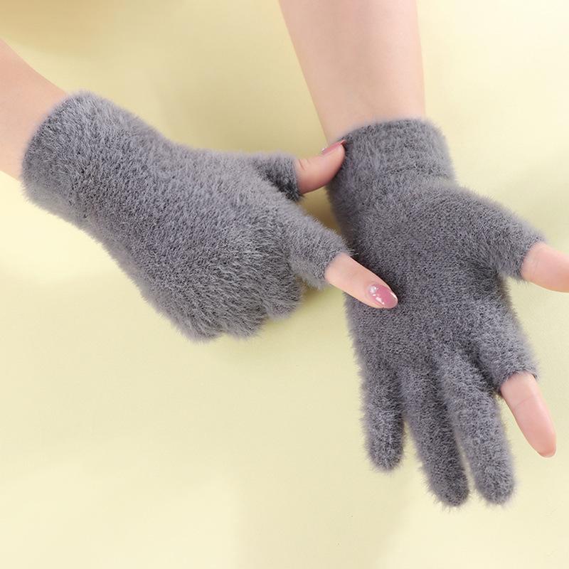Dew two-finger gloves women's warm autumn and winter wool imitation mink velvet thick half-finger work students writing cold winter