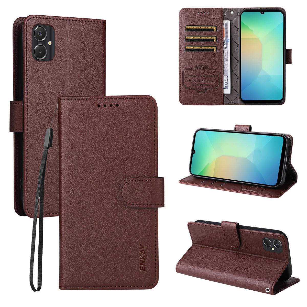 

For Samsung Galaxy A06 5G/Galaxy A06 4G Wallet Case with Strap RFID Blocking Leather Stand Phone Cover Brown