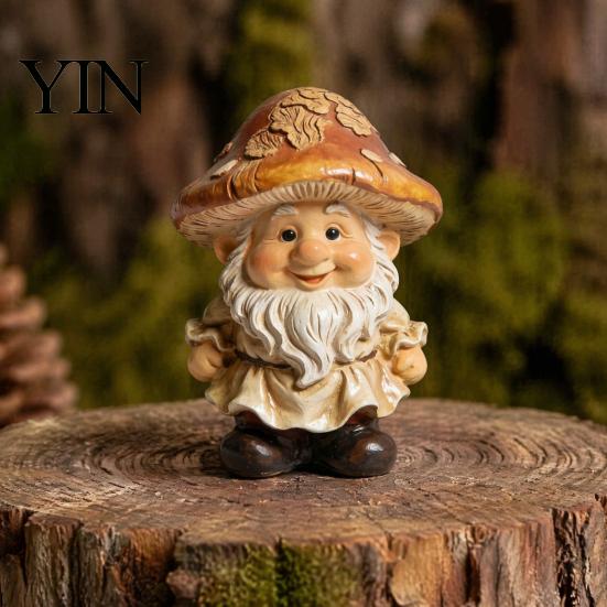 Garden Gnome Statue Mushroom Cap Statue, Resin Figurine, Retro Hand Painted Forest Yard Art Cute Sculpture for Patio Indoor Table Decoration