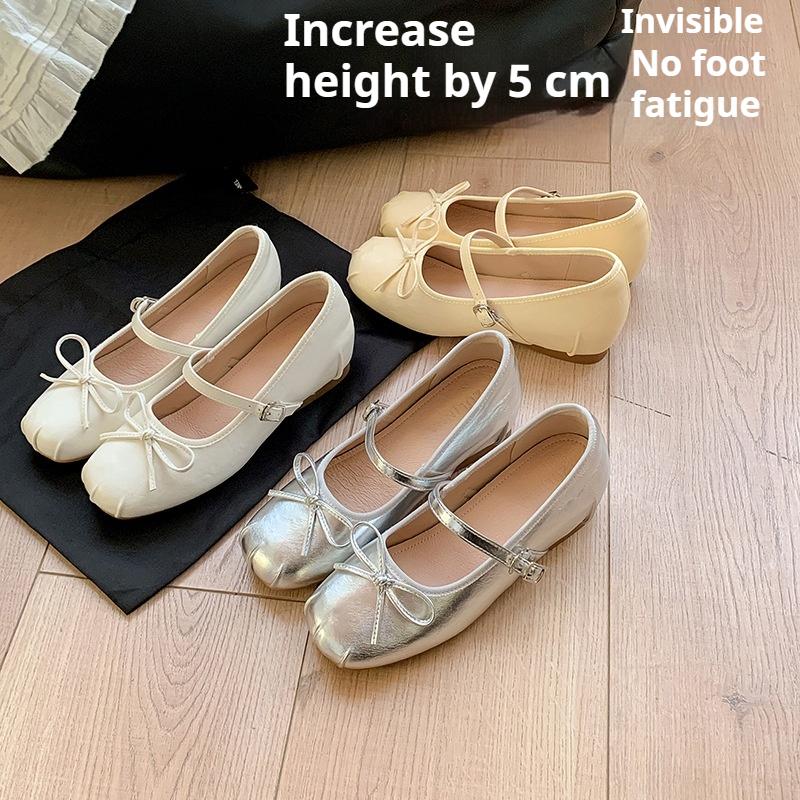 Women's Shoes with Increased Inner Belt French Ballet Shoes, Fairy Style Silver Mary Jane Shoes
