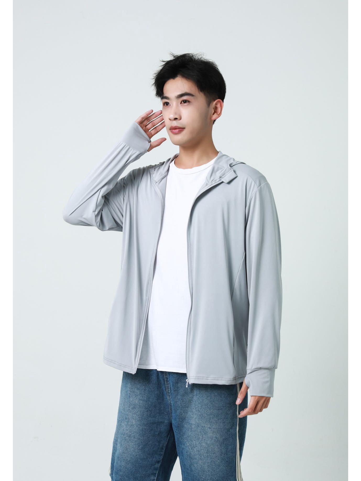 

Мужская трансграничная легкая куртка из ледяного шелка с капюшоном для велоспорта с защитой от УФ-лучей One Size 90-150 jin светло-серый