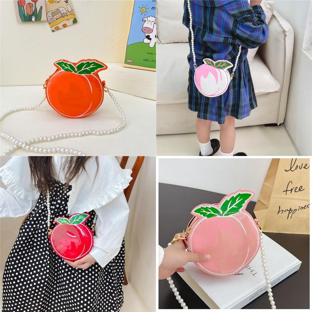 Peach Children Shaped Shoulder Bag Simulation Pearl Chain Casual Bag Crossbody