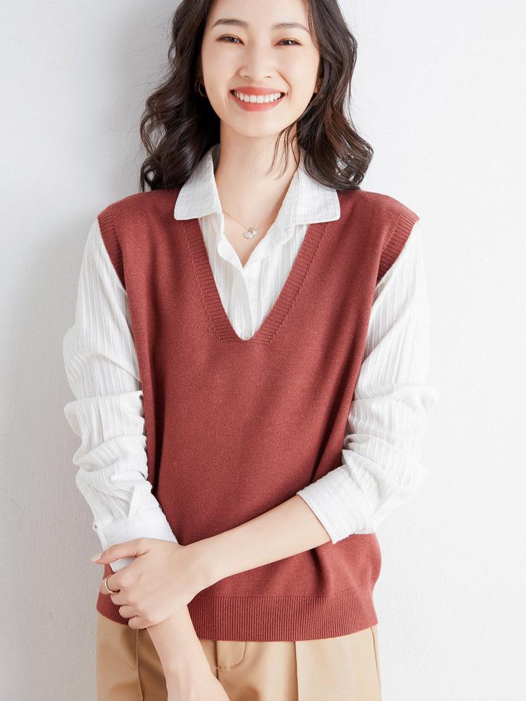 Women's Solid Color V-Neck Knit Vest - Sleeveless, Loose, Autumn/Winter