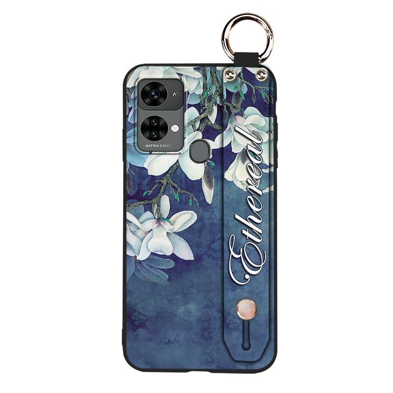 Ring Dirt-resistant Phone Case For Oukitel C33 Fashion Design Wrist Strap Lanyard Phone Holder Kickstand Silicone Flower