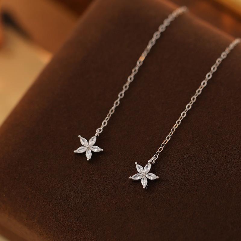 

925 Sterling Silver Exquisite Zircon Flower Earrings for Women High Quality Long Tassel Star Ear Jewelry серебряный