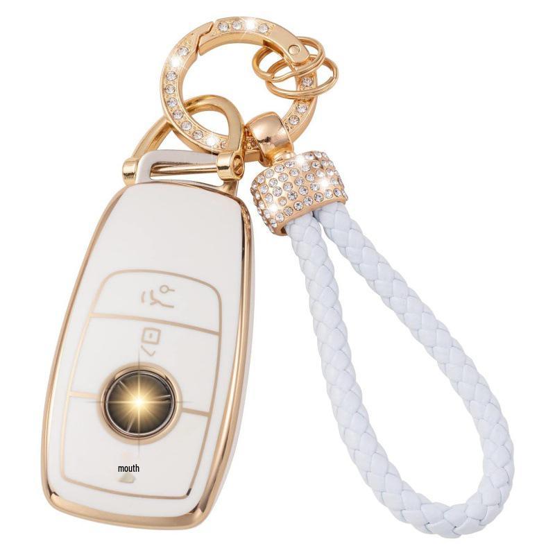 Gold-Rimmed Car Key Set with Diamond Ring Pendant Key Chain