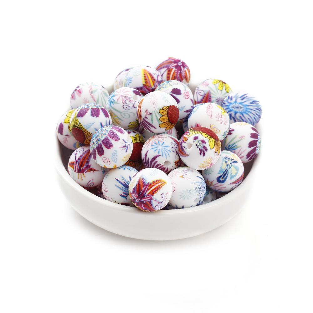 10Pcs 15mm New Silicone Beads Round Print Colorful Spacer Beads Food Grade Baby Nursing Necklace Pacifier Chain Teether Toys