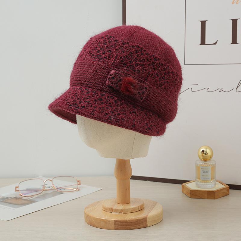 New Autumn and Winter Two Color Plush Bow Warm Basin Hat Versatile Bright Silk Rabbit Hair Basin Hat Can Scarf Cold Proof Set