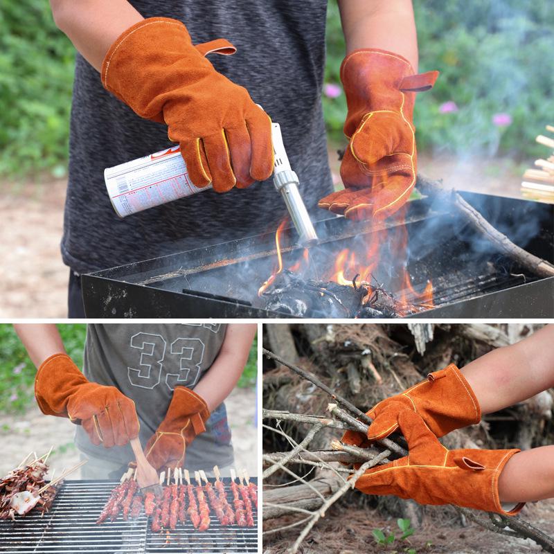 Cowhide Heat-Resistant Oven Gloves, Outdoor BBQ & Picnic, Oil-Proof & Anti-Scald