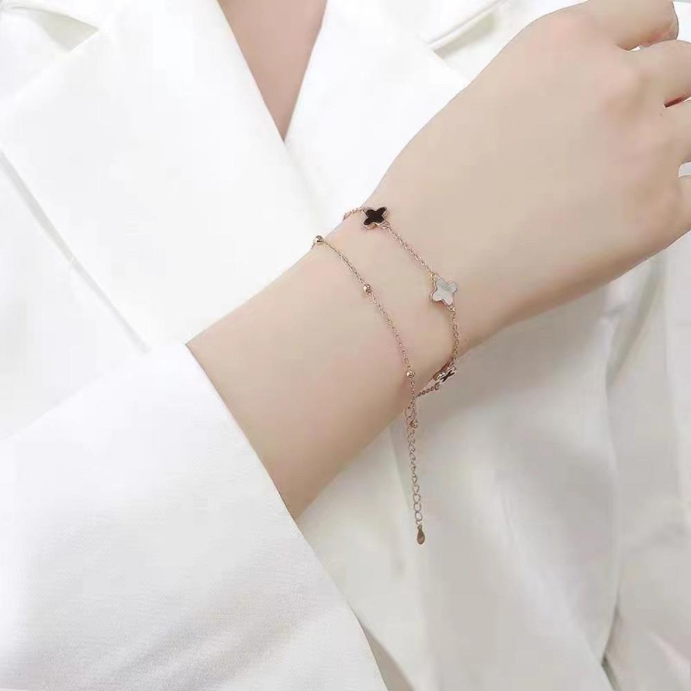 Four Leaf Clover Double Layer Bracelet Girls Five Flower Bracelet Boudoir Light Luxury Hand Jewelry Ins Bracelet