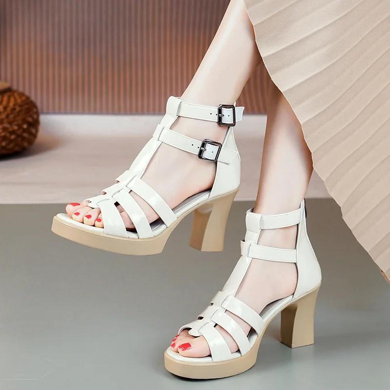 Modne 7,5 cm Luksusowy Design Sandały Gladiator dla Kobiet Obcas Pasek na Klamrę Odkryte Palce Sandały Damskie Skóra Dzielona Seksowne Sandały Rzymskie