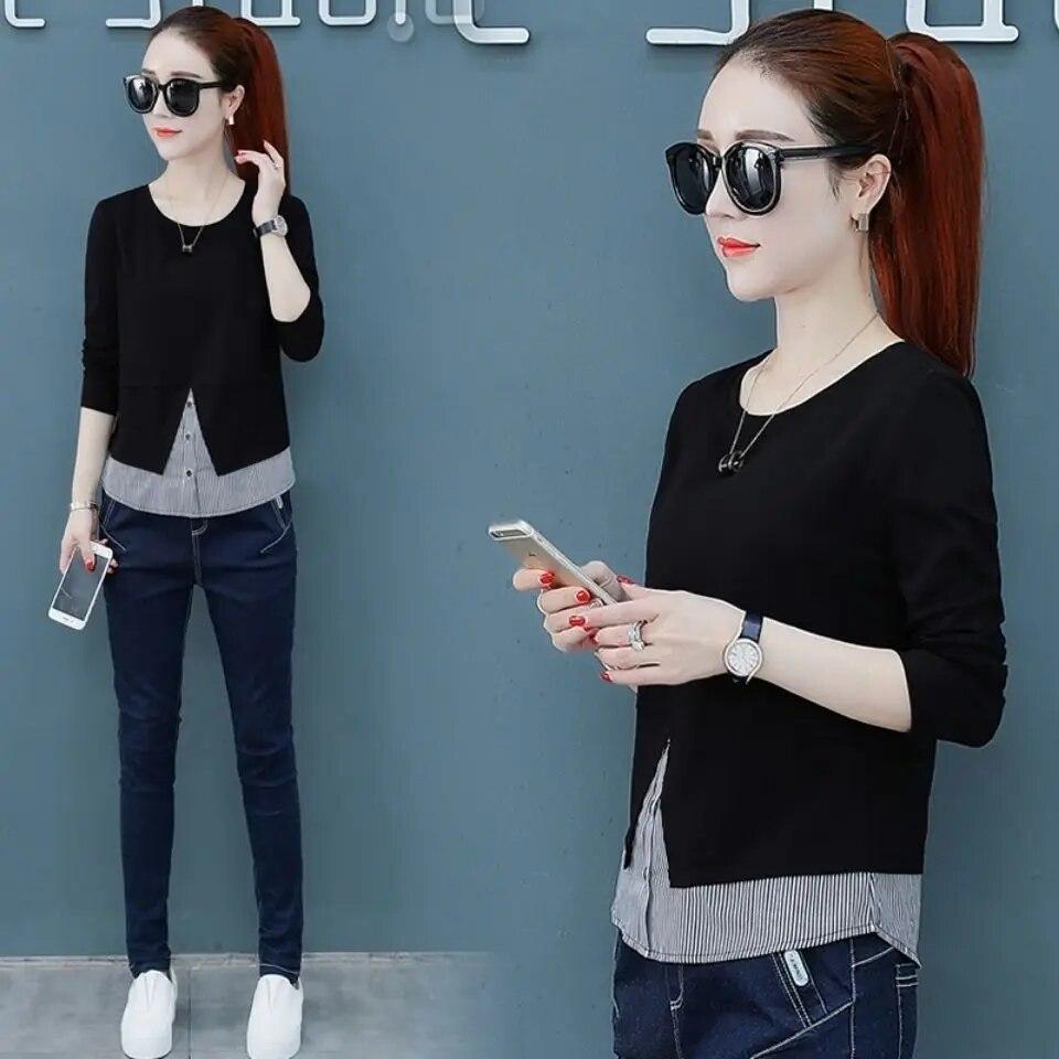 Dámské tričko s dlouhým rukávem z čisté bavlny Jaro Podzim Nové Falešný dvoudílný top Volný Pruhovaný Patchwork Základní tričko