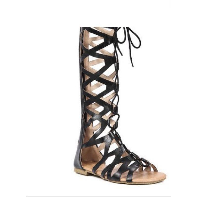 Coole Stiefel mit flacher Sohle, gekreuzten Riemen, hohe Schnürsandalen für Damen, Größe 9