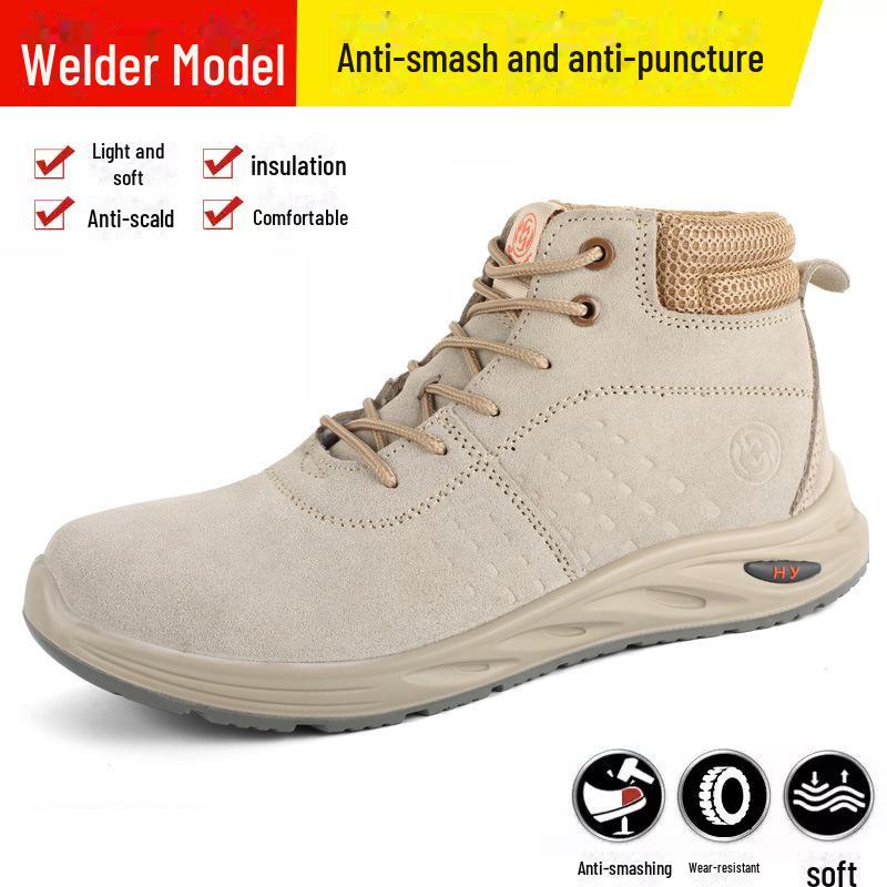 Pantofi de Sudură cu Bombeu din Oțel din Piele de Vacă - Antizdrobire, Antiperforație, Izolați, Încălțăminte de Siguranță cu Top Scund pentru Sudori.