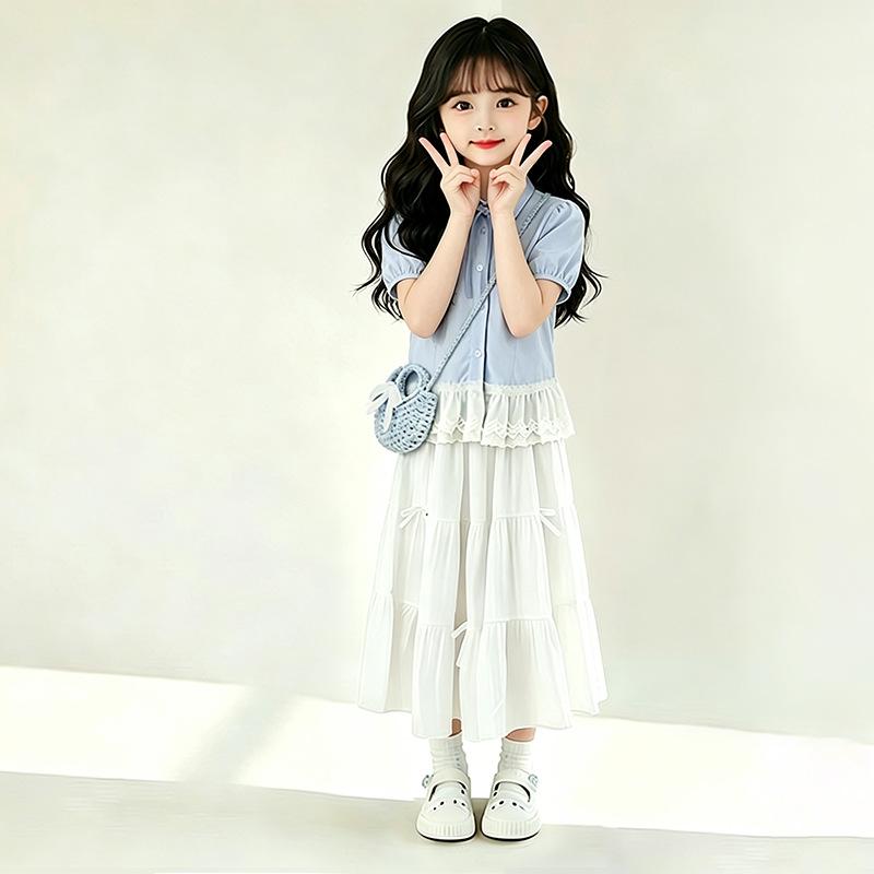 Girls Summer Preppy 2 Piece Set Ruffle Short Sleeve Shirt And Tiered Cake Skirt Outfit For Big Kids