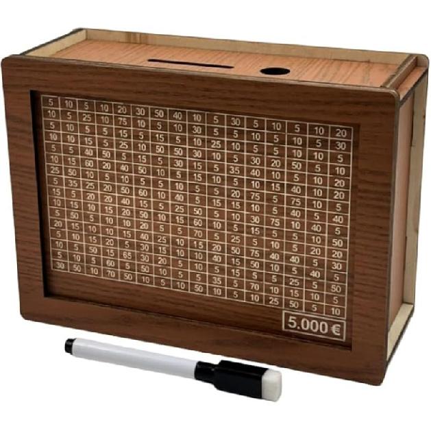 Wooden Money Box with Savings Target and Numbers, Reusable Money Saving Box for Cash, Savings Challenges Box w/Counter Crafts, Portable Storage Case 5000 Euro Model