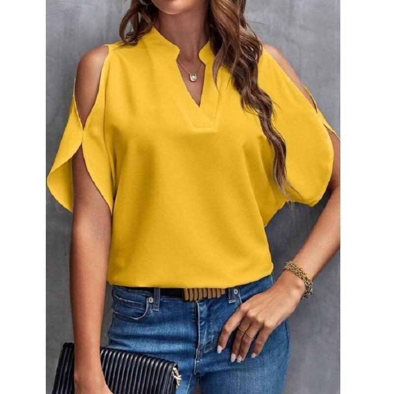 EastRogue Women's Summer Solid Color V-neck Off-the-shoulder Loose Chiffon Top