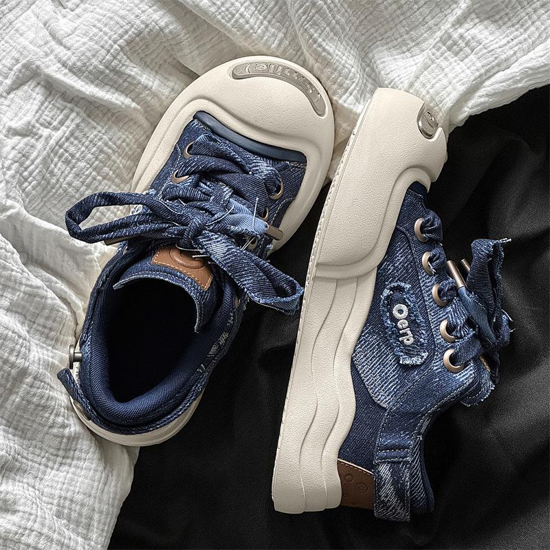 

Star with the same denim big head shoes men laugh canvas round head ugly cute couple board shoes platform bread shoes Female size 35 джинсовый синий