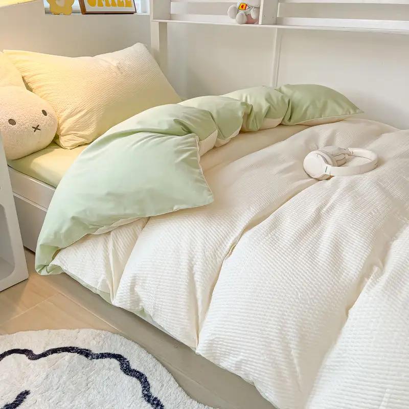 Ins Style Bedding Set Waffle Summer Student Dormitory Duvet Cover Set Bed Sheet Three Piece Set KING Queen