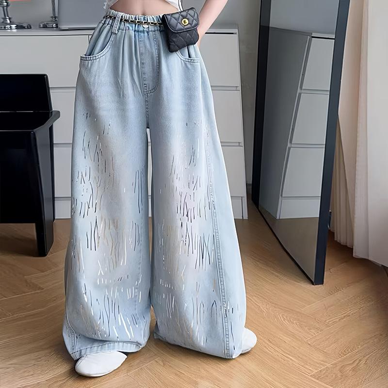 Girls' Summer Loose-Fit Vintage Washed Distressed Straight-Leg Slimming Wide-Leg Floor-Length Jeans