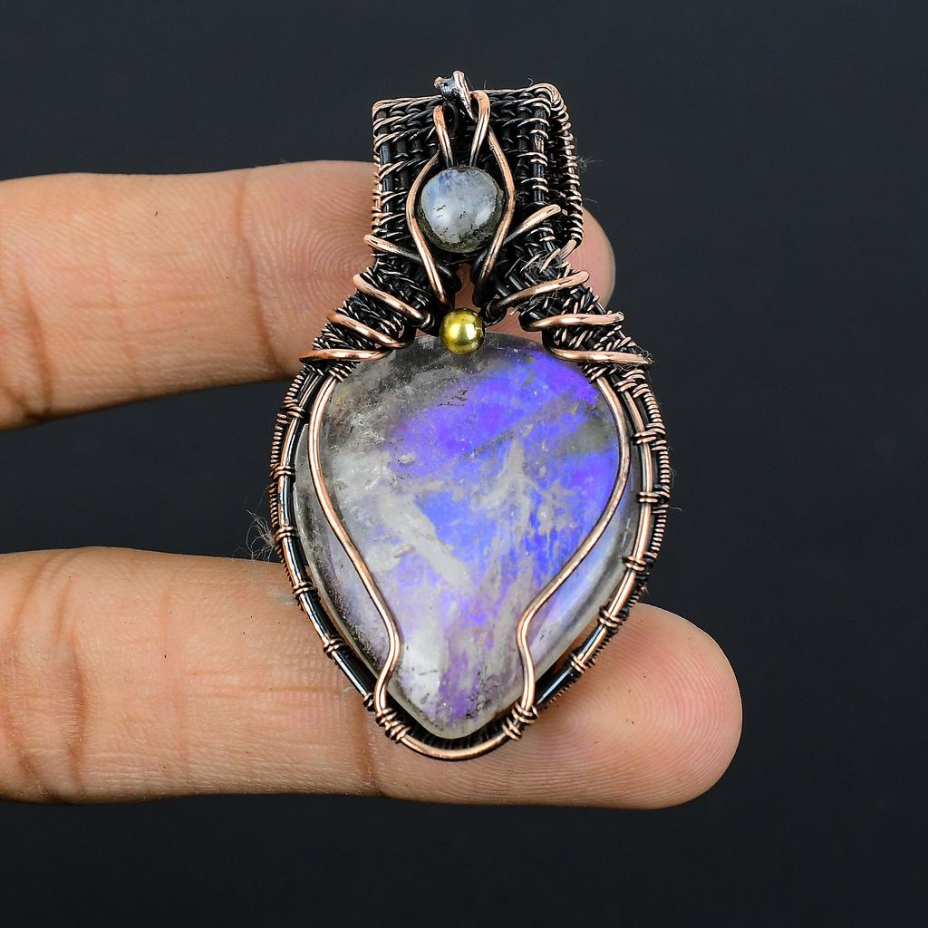 Natural Rainbow Moonstone Gemstone Copper Wire Wrap Pendant Gift 2.35" d8I87