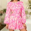 Long-sleeved Dress, European and American Sexy Printing Backless Round Neck Pleated A-word Casual Dress