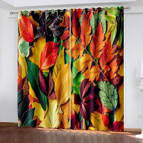 

Autumn Leaf Pattern Polyester Curtains For Living Room And Side Door, Orange And Green, 2 Panels, 184X108 Inches