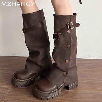 Mode Damen Leder Overknee Stiefel Plateau High Heels Schuhe Frau 2025 Trend Wintermode Schnee Designer Motorradstiefel Mujer Botas