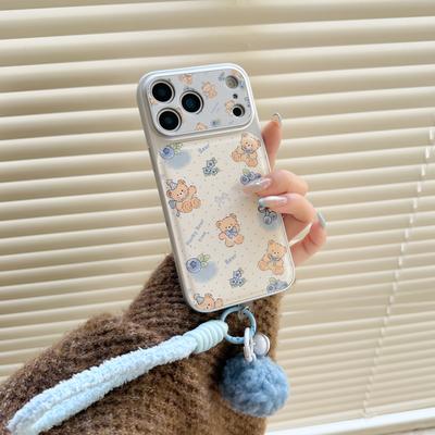 Cute Bear & Blueberry Soft Wrist Strap Fluffy Pom-pom Charm Phone Case for iPhone 17 16 15 14 11 12 13 Pro Max Plus Back Cover