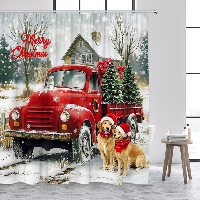 

Рождественская шторка для душа с кошкой и собакой, зимняя, с елкой, красным грузовиком, милыми домашними животными, тканевая, для ванной комнаты, декор, с крючками 90x180cm-35x70in